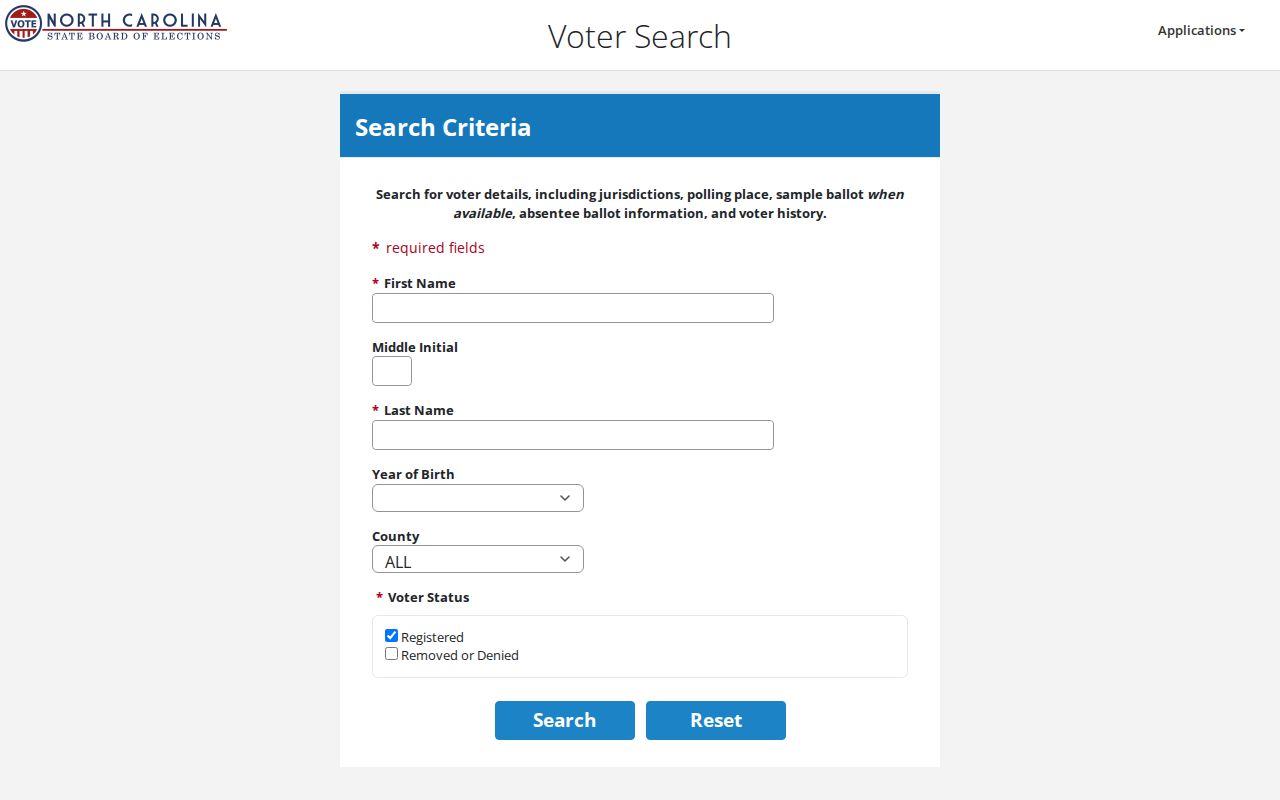 Carrboro voter registration search fields in the North Carolina lookup